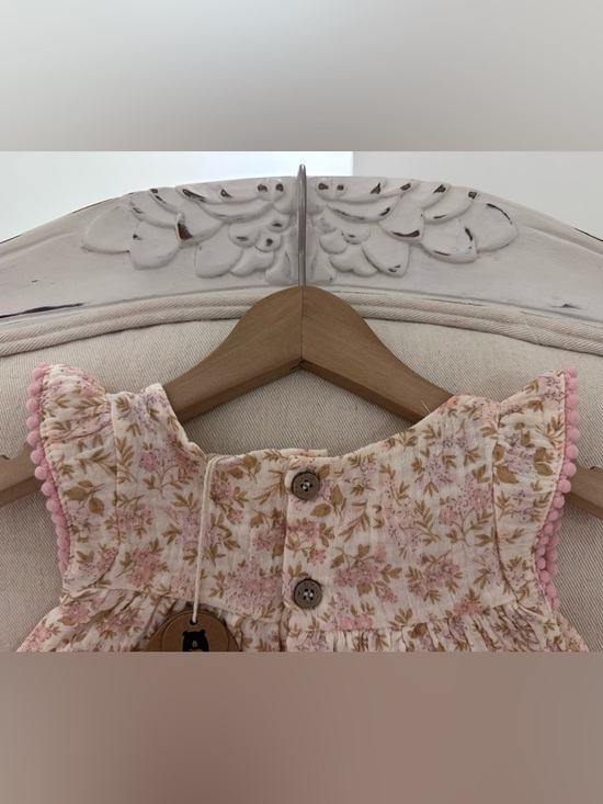 🤍 24 Mth Organic Cotton Ruffle Floral Pink & Tan Pom Pom Trim Top & Bloomer NWT - Picture 7 of 13
